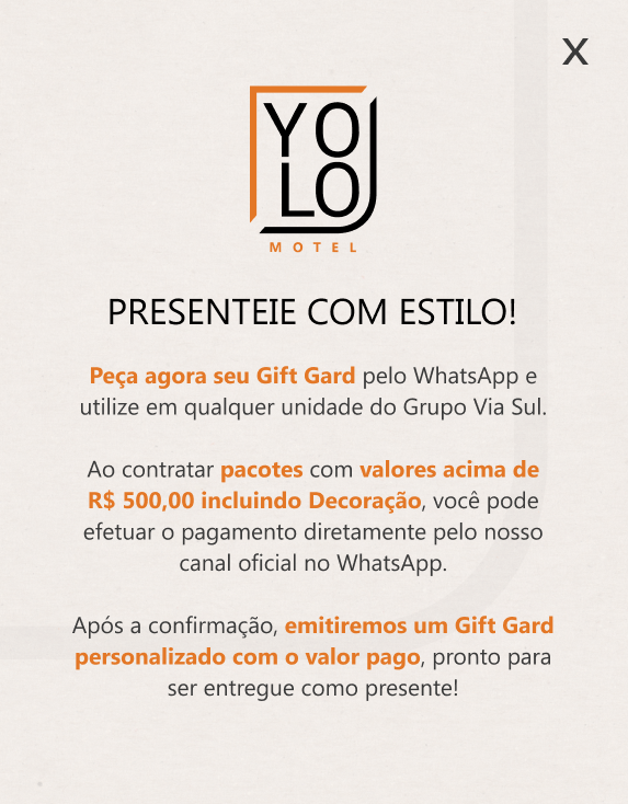 Presenteie com estilo! Peça agora seu Gift Gard pelo WhatsApp e utilize em qualquer unidade do Grupo Via Sul.